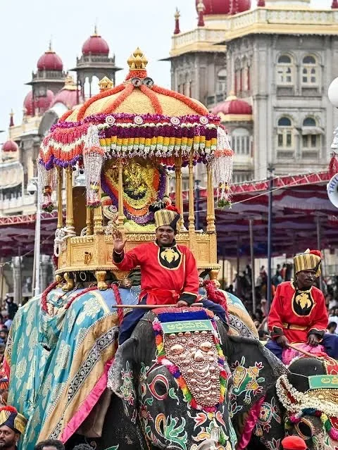 Elephant carrying the golden howdah during the Jumboo Savari procession at Mysuru Dasara