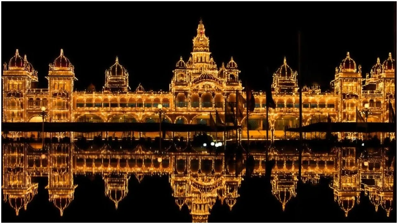 The Amba Vilas Palace in Mysuru illuminated at night during Dasara